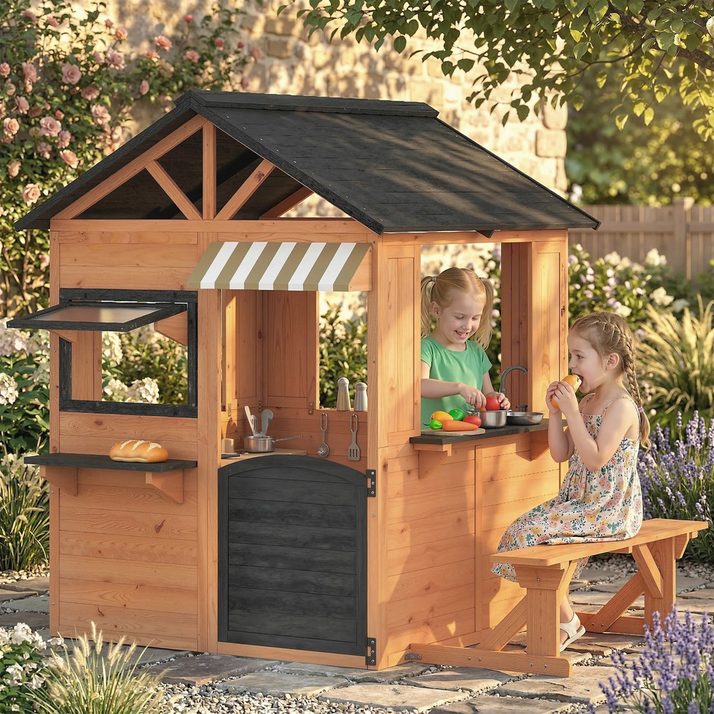 AIYAPLAY Drewniany domek dla dzieci z kuchnią, ławką, okienkami i drzwiami dla dzieci w wieku 3-8 lat, 171,5 x 146 x 156 cm, brązowy | Aosom PL