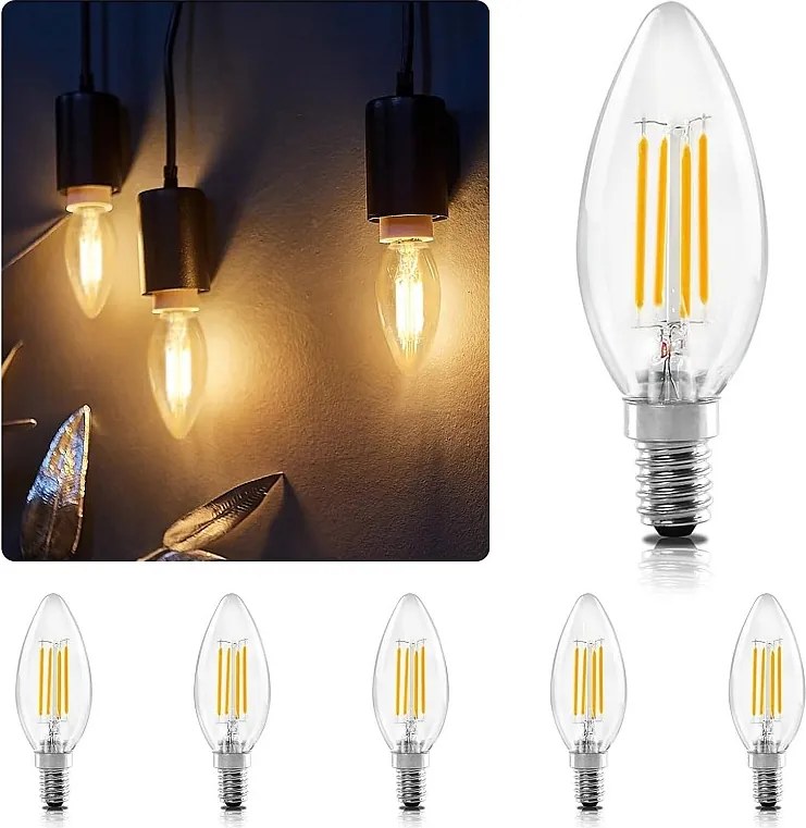 Żarówka LED NETTLIFE E14, ciepła biel, 6 szt., 4 W, lampa świecowa, żarnik vintage, 2700 K