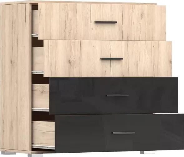 Mareno II – elegancka komoda 4-szufladowa w kolorze san remo sand z czarnym połyskiem