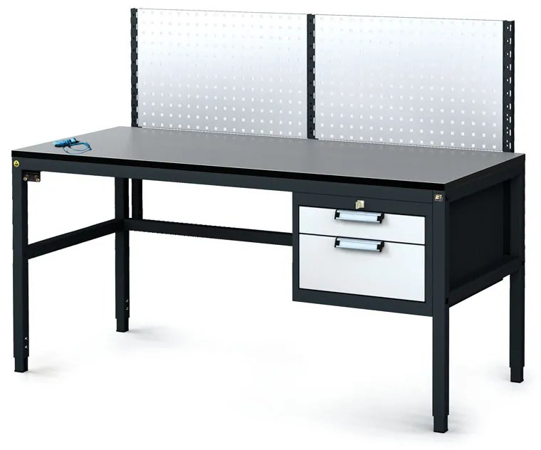 Alfa 3 Antystatyczny stół warsztatowy ESD z panelem perforowanym, 2 skrzynki szufladowe na narzędzia, 1600 x 800 x 745-985 mm