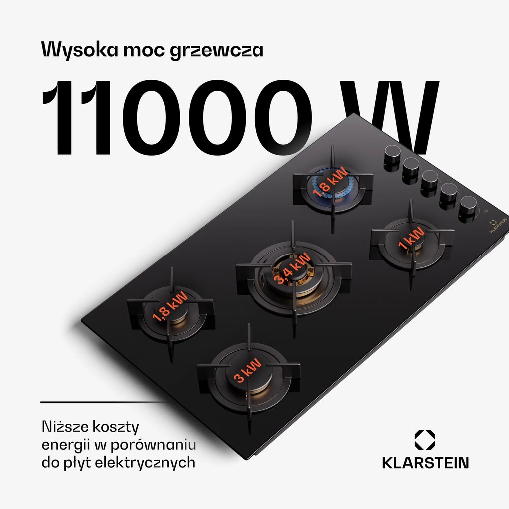 Klarstein Goldflame 90cm Płyta gazowa 5 palników Czarny