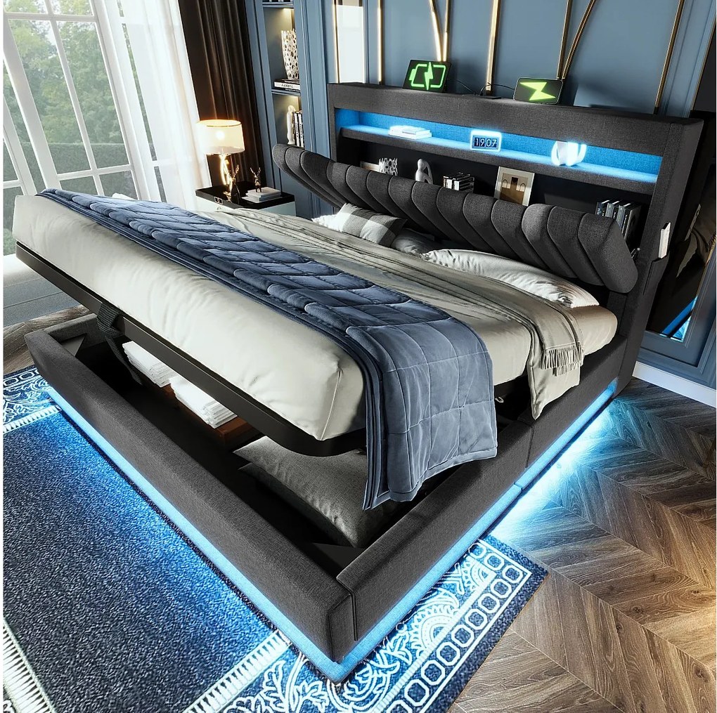 Łóżko tapicerowane podwójne ze schowkiem - 160 x 200 cm - z zagłówkiem + USB + LED + schowek hydrauliczny - len - szary