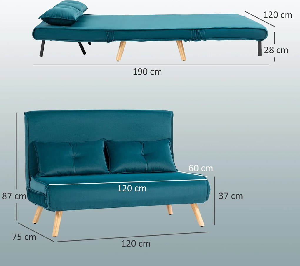 HOMCOM 2-osobowa sofa rozkładana, łóżko sofa, transformowalna kanapa, regulowane oparcie, materiał obiciowy, stalowy stelaż, zielona