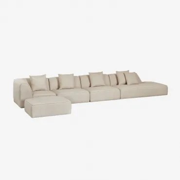 Sofa Modułowy Narożny 4-częściowy Z Prawym Szezlongiem I Tapicerowanym Pufem Cardea Bukla Kremowy Beż - Sklum