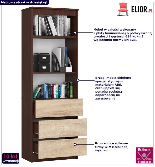 Regał do gabinetu z szufladami wenge + dąb sonoma M5-T26