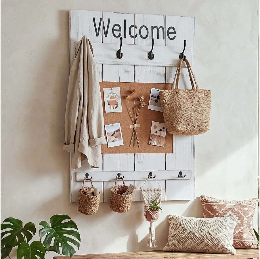 Wieszak ścienny MCW-C89 z tablicą korkową,  biały, shabby chic