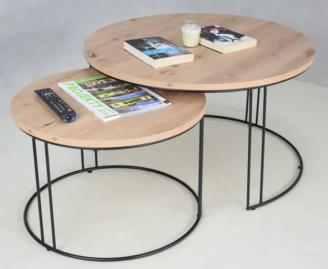 Industrialny zestaw stolików kawowych czarny + dąb artisan - Eksa 4X
