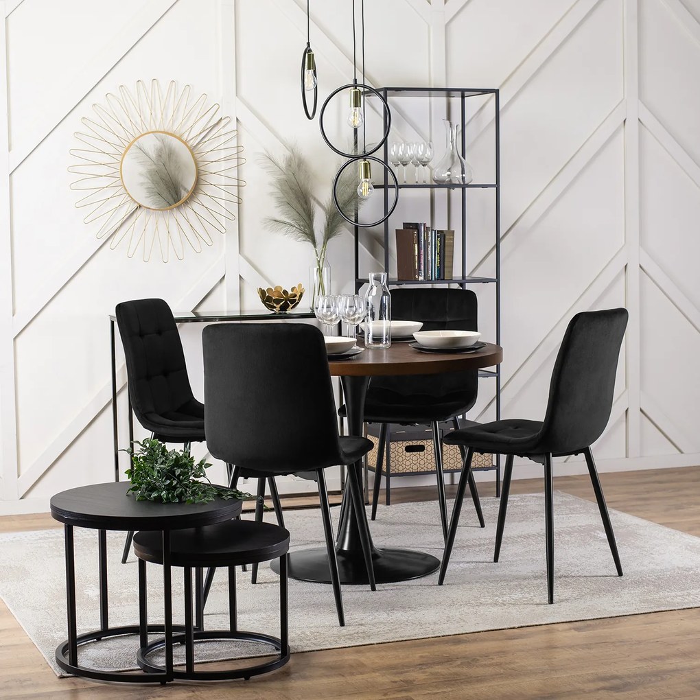 Zestaw Stół Okrągły LINO 100 cm Orzech/Czarny i 4 Krzesła Tapicerowane do Salonu PERU Czarne Welurowe Nowoczesne Loft