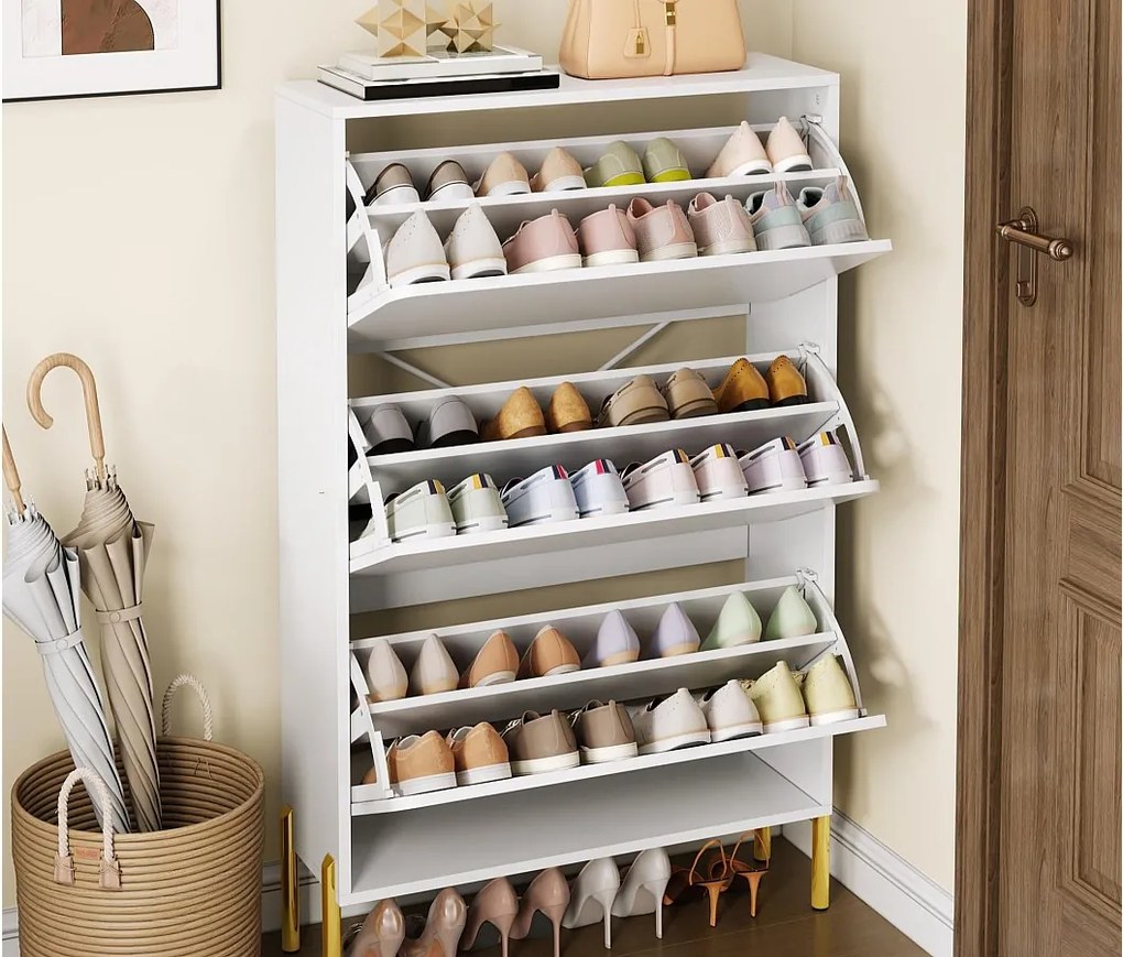 Nowoczesna szafa na buty 73x24x120 cm - 3 drzwi - 6-poziomowa półka na buty - złocone nogi - MDF - biały