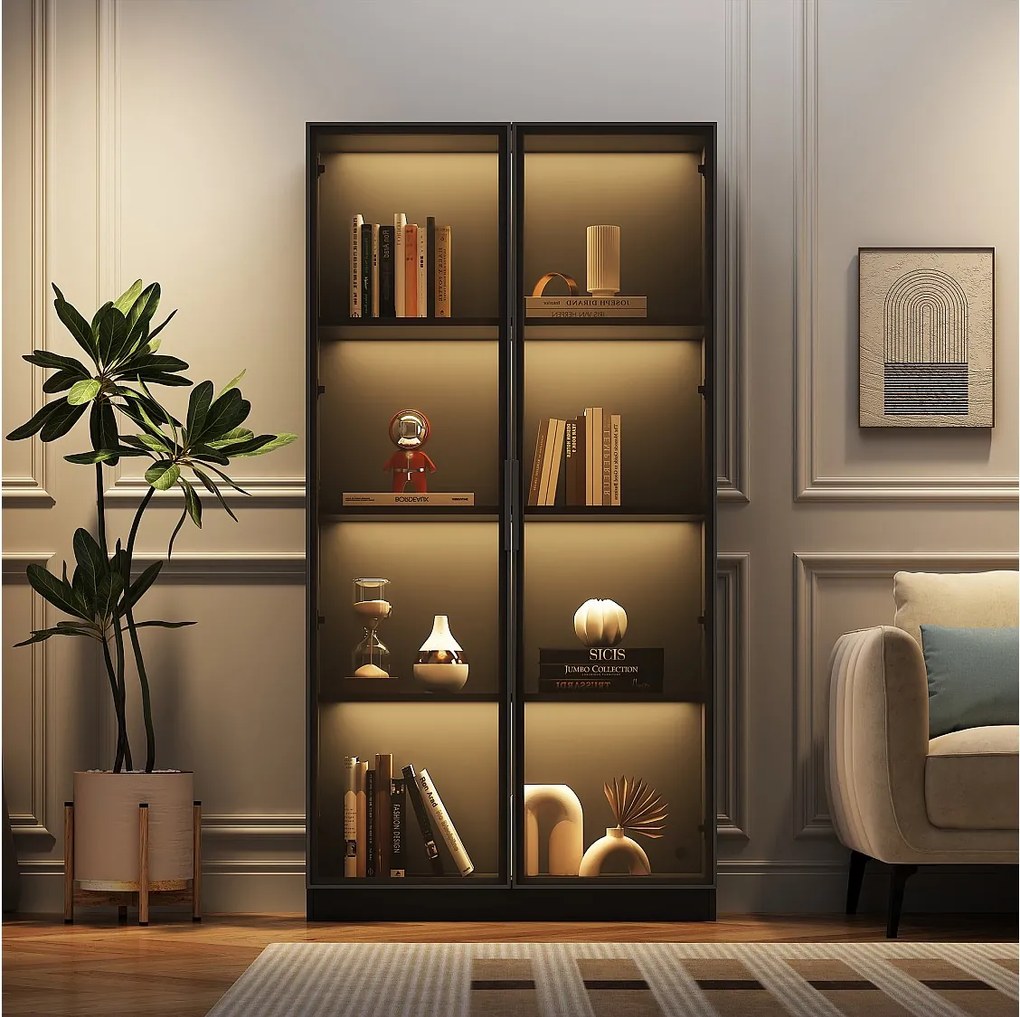 Witryna szklana - 80 x 40 x 160 cm - z diodami LED + 2-drzwiowa szafka z ruchomymi półkami - płyta wiórowa - czarna