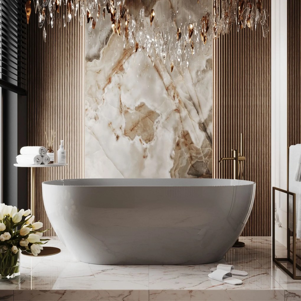 Wanna wolnostojąca owalna z konglomeratu 160 x 75 cm RONA Beige mat / połysk przelew typu SLIM cienki rant : Kolor wanny - Szary połysk