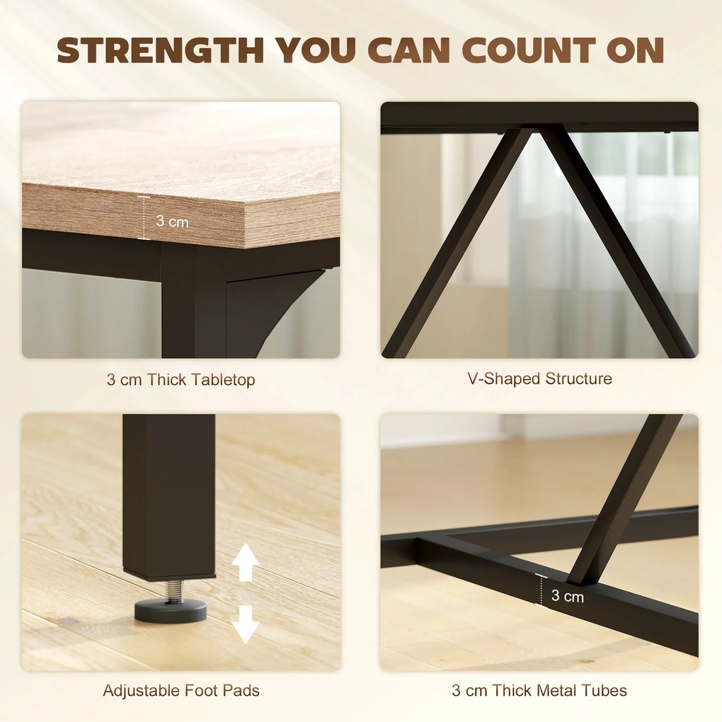 HOMCOM Prostokątny Stół Jadalniany dla 6-8 Osób, Nowoczesny Stół Kuchenny – Blat w Wyglądzie Drewna i Czarne Stalowe Nogi z Regulowanymi Nakładkami, 180 x 80 cm, Naturalny | Aosom PL