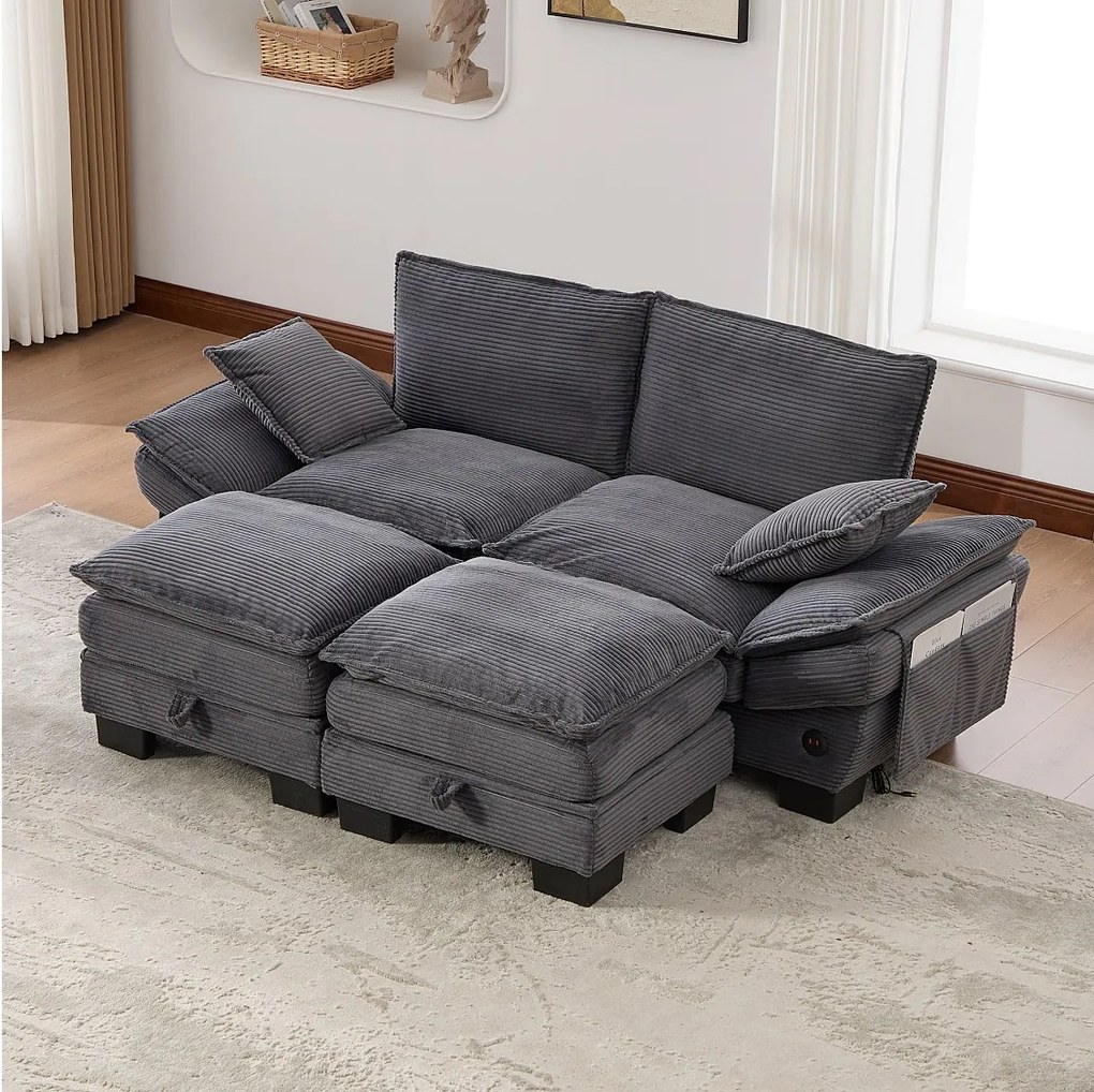 Zestaw wypoczynkowy z tkaniny sztruksowej, 2-osobowy - 190 x 132 x 84 cm - z 2 pufami ze schowkiem + port USB + kieszenie - ciemnoszary