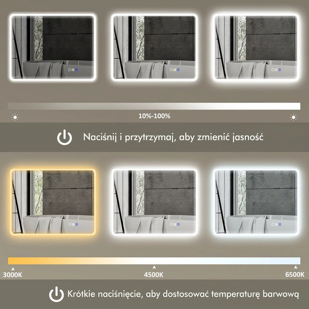 HOMCOM Lustro łazienkowe LED Bluetooth 70x90 cm podświetlane antypara głośnik 3 kolory światła dotykowe ścienne prostokątne | Aosom PL