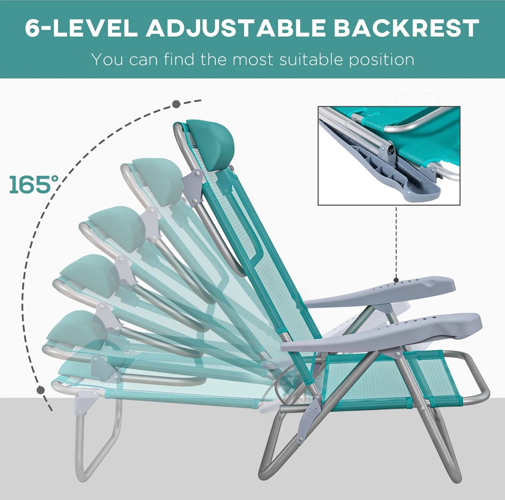 Outsunny Zestaw 2 składanych krzeseł campingowych z siateczkowym regulowanym oparciem i zagłówkiem, 62 x 65 x 80 cm, turkusowe | Aosom PL