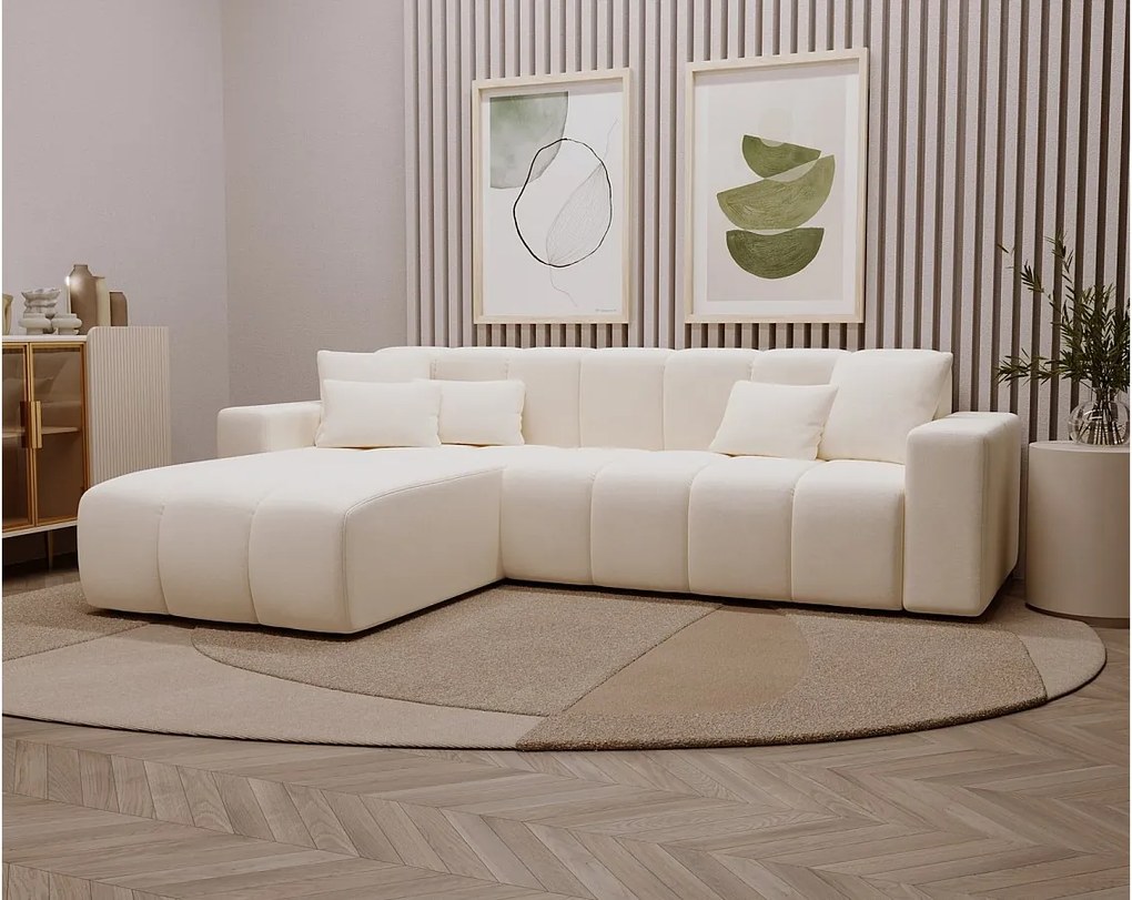 Emporius Miral narożnik w kształcie L - sofa do salonu bez funkcji spania i bez pojemnika - nowoczesny styl, lewostronny, tkanina aksamitna, kremowy (Komodo 10)