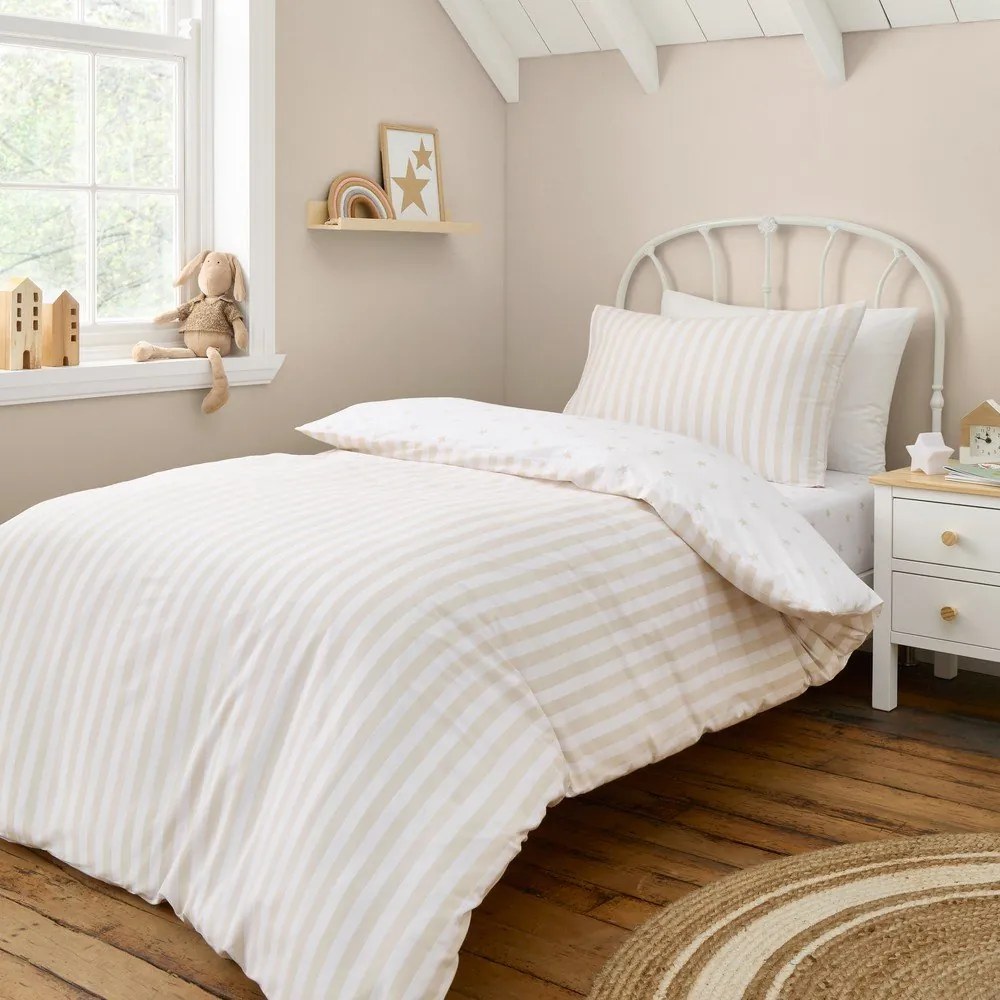 Biało-beżowa bawełniana pościel dziecięca dwuosobowa 200x200 cm Mini Star &amp; Stripes – Bianca
