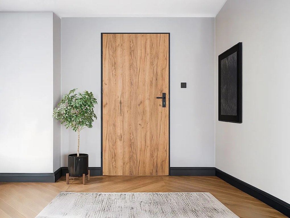 Stalowe pełne drzwi wejściowe  ze stali nierdzewnej H207 x L100 cm efekt dębu - otwierane na prawo - LUSADA