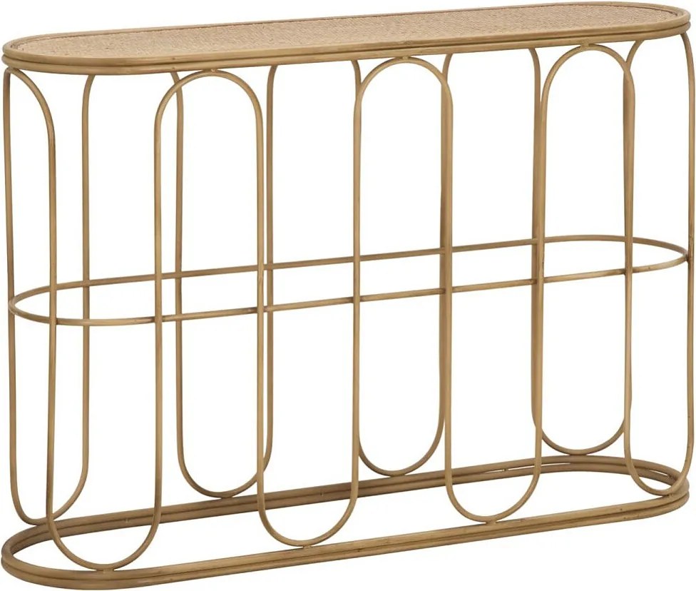 Konsola Samui 110x32x77 cm - Metalowe meble wejściowe z efektem bambusa i blatem z naturalnego rattanu - Otulający styl boho chic
