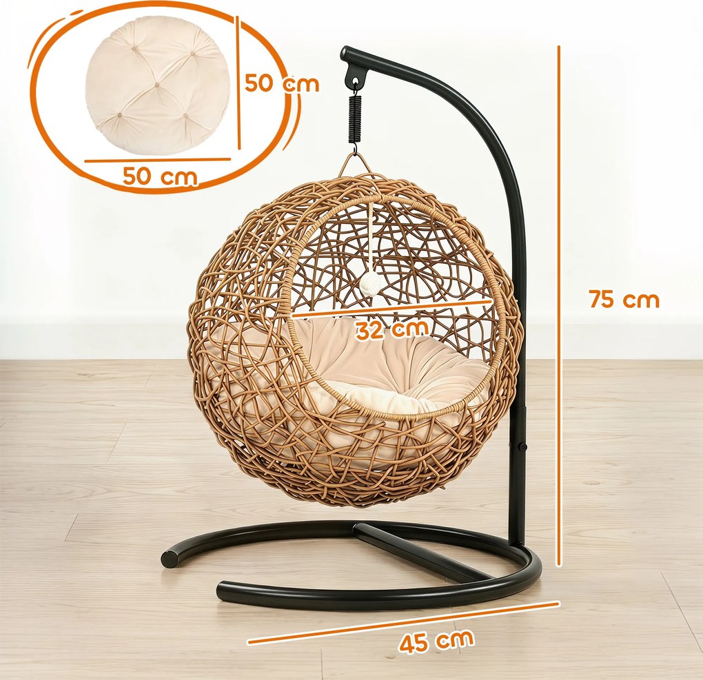 PawHut Łóżko dla kota z rattanu, jaskinia z poduszką do prania i piłeczką, dla kotów do 10 kg, 45 x 41 x 75 cm, jasnobrązowy | Aosom PL
