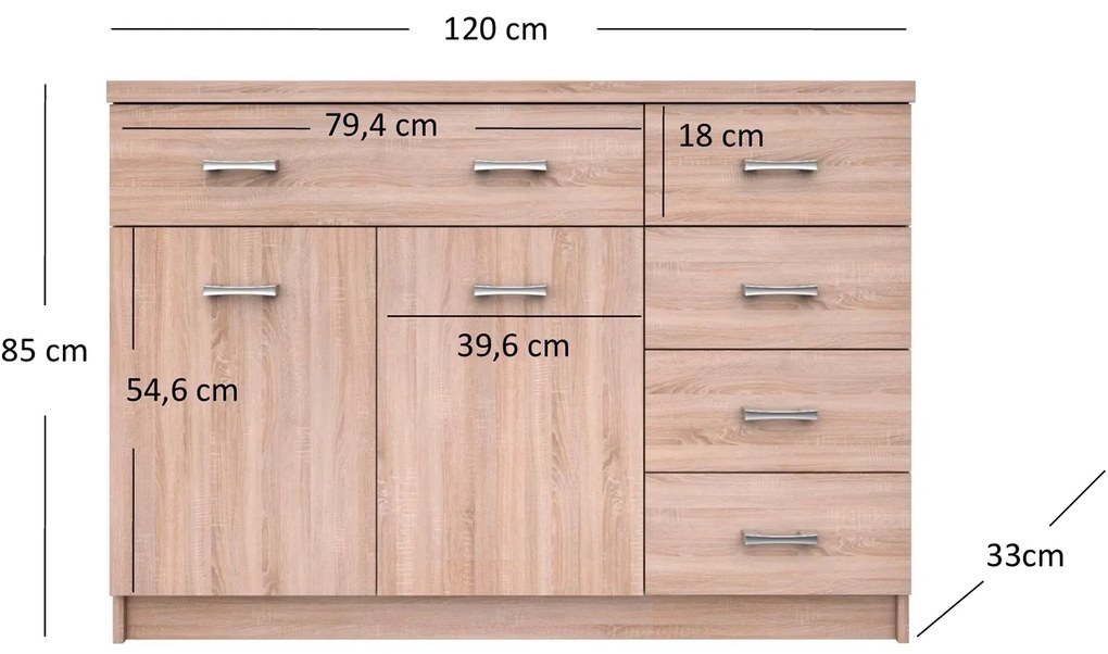Komoda Dwudrzwiowa z Szufladami Drewniana do Salonu ELEGO 120 cm Dąb sonoma Nowoczesna