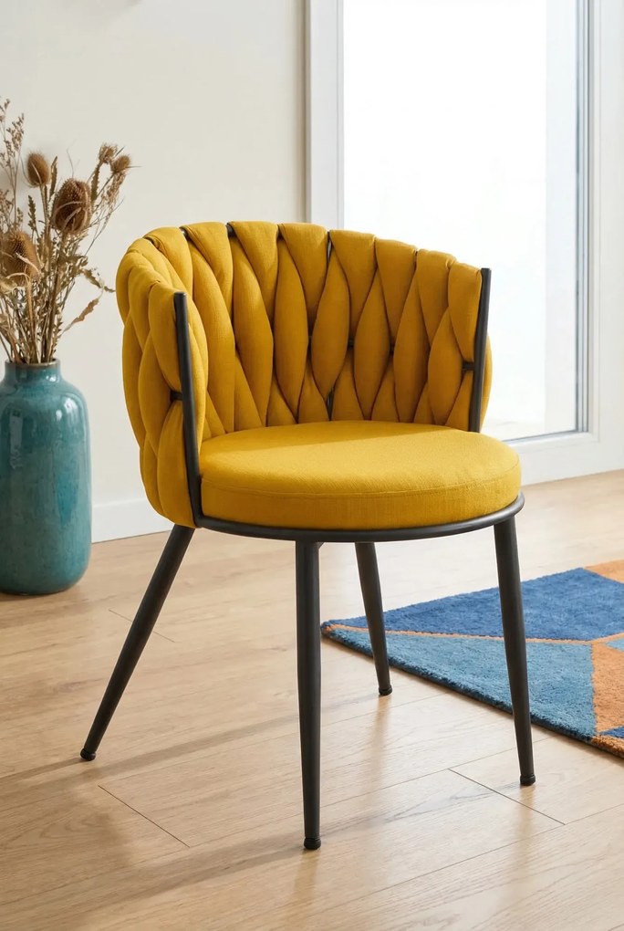 Musztardowe krzesło tapicerowane w stylu modern glam S1-W55