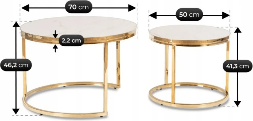 Zestaw Stolików Kawowych ARON 70 cm/50 cm Biały Marmur/Złoty Glamour