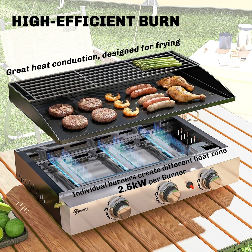 Outsunny Grill Gazowy 7,5 kW Przenośny Stołowy z 3 Palnikami Powłoka Ceramiczna Ruszt do Podgrzewania | Aosom PL