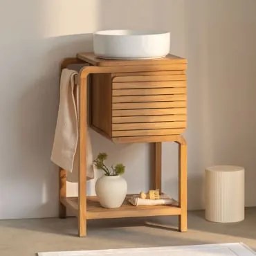 Zestaw Mebli Łazienkowych Bradley Z Drewna Tekowego Okrągły Ceramiczny Biały Ø40 Cm Lenka & Bezlusterkowiec & Bez Kranu & ↔︎ 50 - Sklum