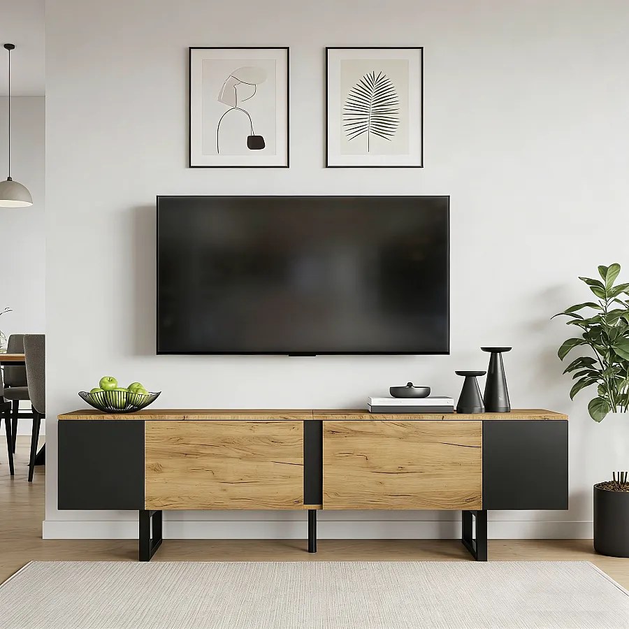 Stojak pod telewizor do salonu - 180 x 40 x 55 cm - z 2 drzwiami + otwarta przestrzeń do przechowywania - do telewizorów 75 cali - płyta wiórowa - naturalny