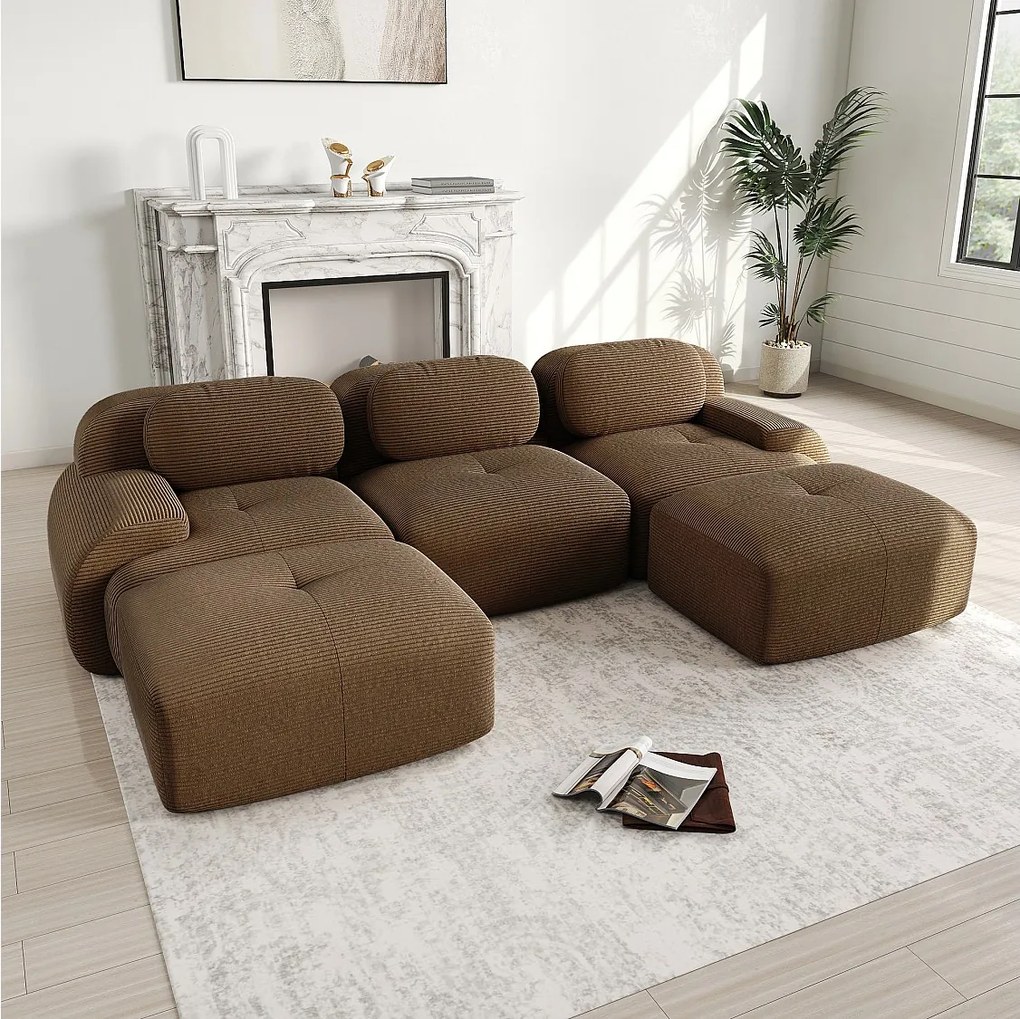 Narożna sofa 3-osobowa modułowa - w Welurze żebrowanym - z 3 poduszkami i 2 pufami - 298x178x70cm - Brązowy