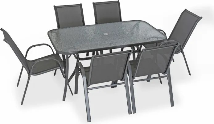 Zestaw Mebli Ogrodowych NEBRASKA Szary 6 Krzeseł Stół Tarasowy Parasol Nowoczesny