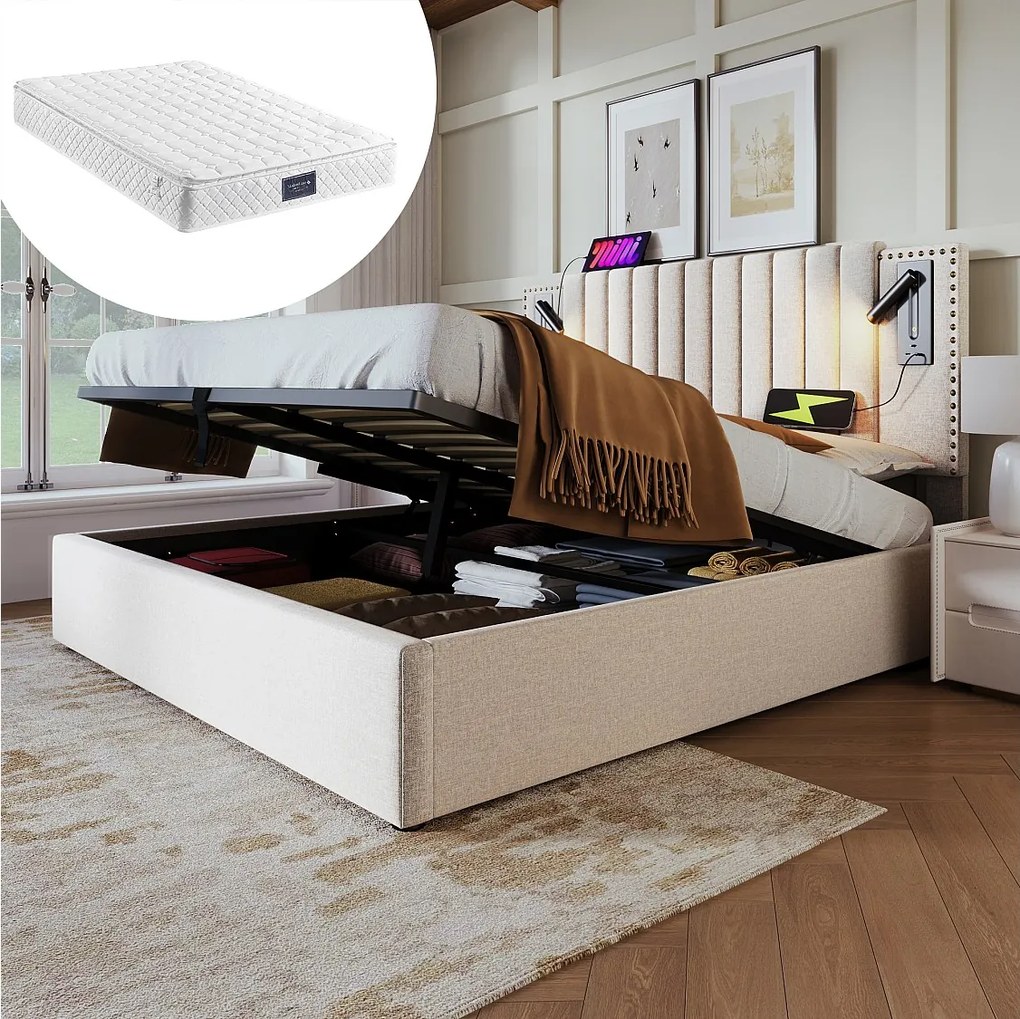 Łóżko tapicerowane dwuosobowe ze schowkiem - 160 x 200 cm - Materac + Zagłówek z USB - Tkanina bawełniana - Beżowy