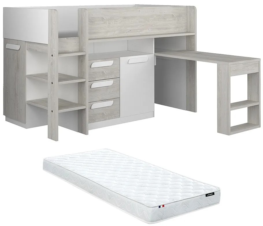 Łóżko na antresoli 90 x 200 cm - Z biurkiem i ze skrzynią - Biały i naturalny + Materac - LOUKALA