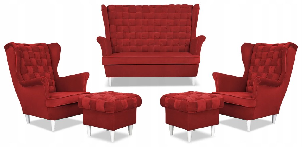 Zestaw wypoczynkowy Carol sofa fotele pufy paski Family Meble czerwony