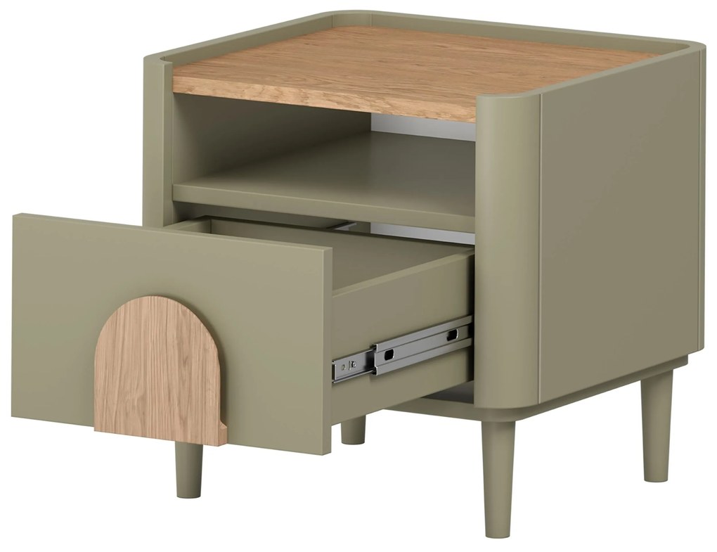 Szafka nocna Amilio z szufladą 50 cm na nóżkach - eukaliptus / dąb baltic dune / uchwyty dąb naturalny
