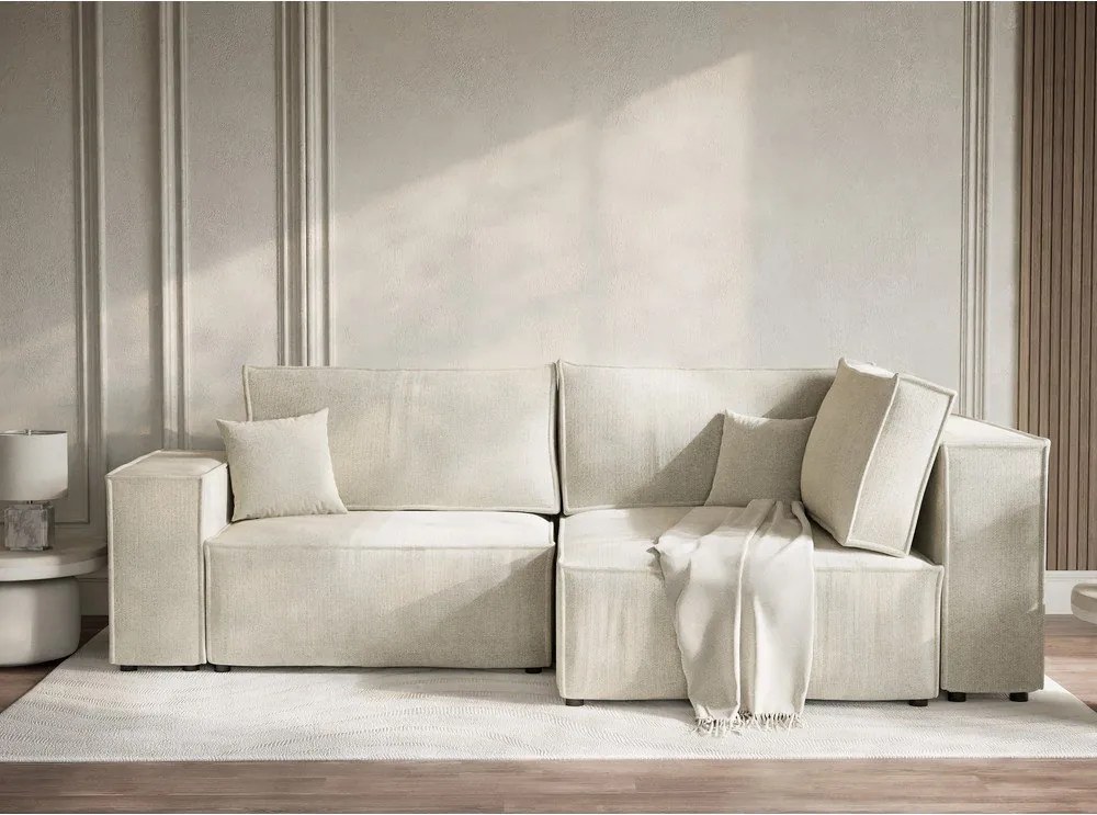 Kremowy rozkładany narożnik ze schowkiem z tkaniny szenilowej (prawostronny/w kształcie litery L) Tonga – Maison de Rêve