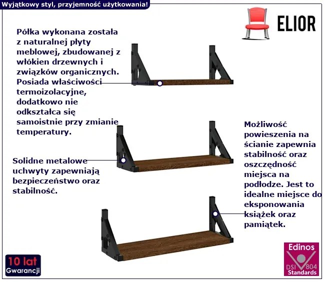Zestaw trzech różnych półek brązowy dąb - Elevio