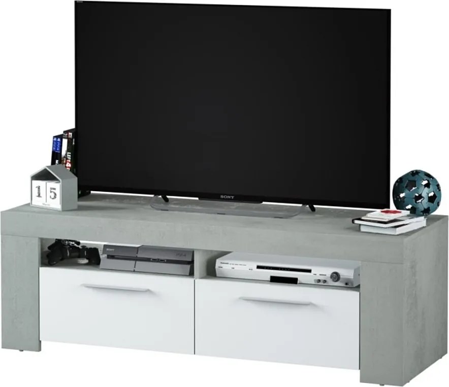 Nowoczesna Industrialna Biała i Cementowa Szafka TV 120 cm - 2 Drzwi 2 Półki