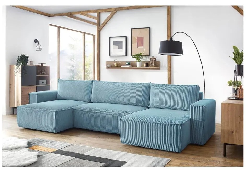 Miętowy sztruksowy rozkładany/ze schowkiem narożnik (w kształcie litery U) Nihad – Bobochic Paris