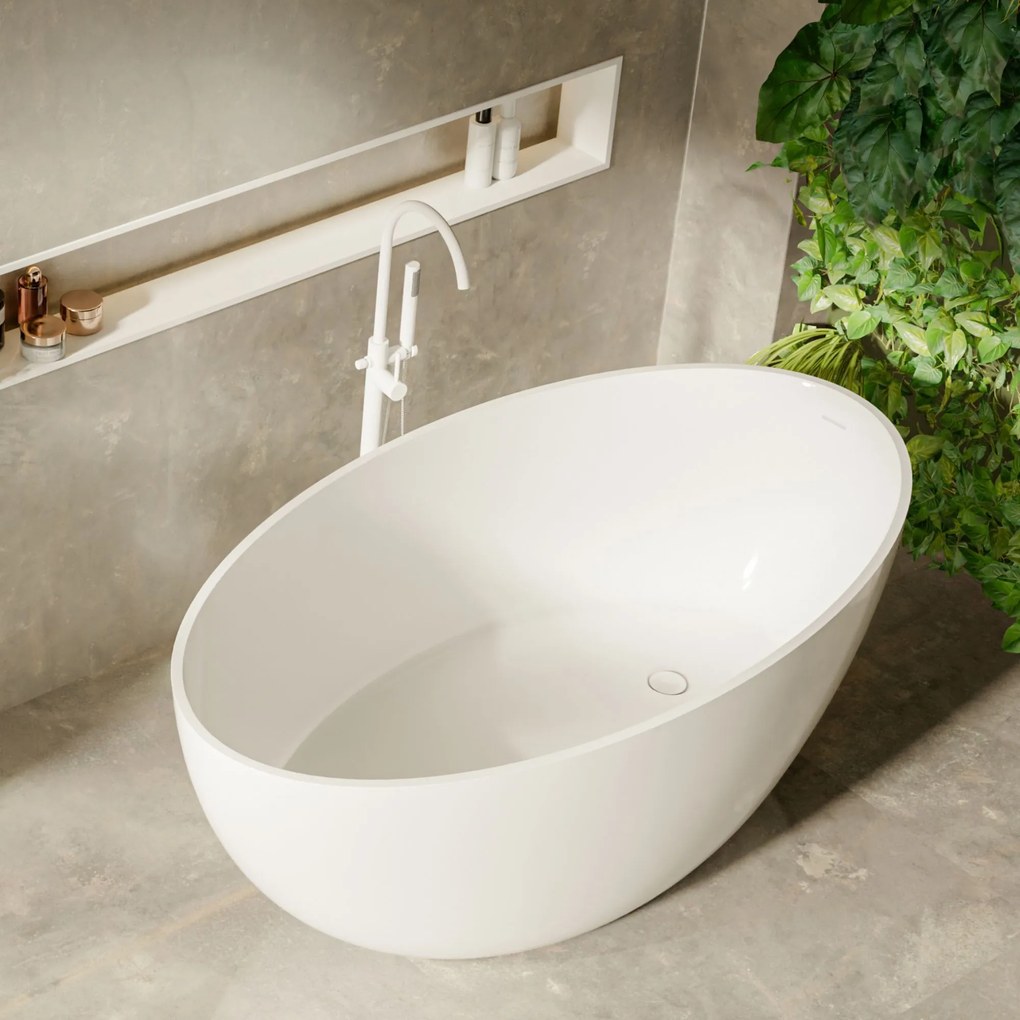 Zestaw KALMI z konglomeratu w kolorze białym błyszczącym wanna wolnostojąca i umywalka wolnostojąca z konglomeratu