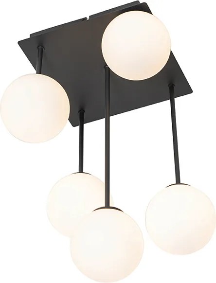 Nowoczesna lampa sufitowa czarna z opalowym szkłem 5-świateł - Athens