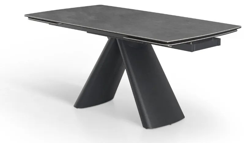 Elegancki stół z szarym ceramicznym blatem na hartowanym szkle. Metalowa podstawa z czarnej stali nadaje mu nowoczesny charakter i wyjątkową trwałość.