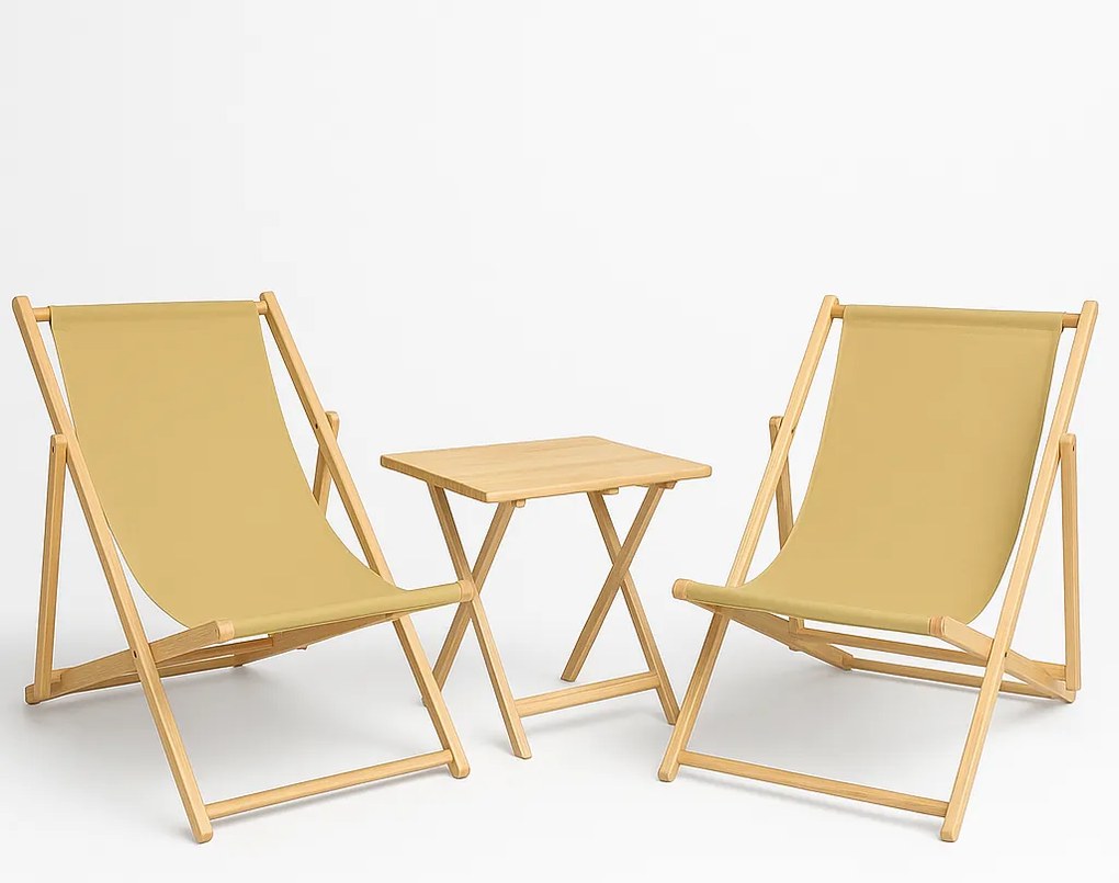 Wakacyjna Strefa Komfortu – 2 Leżaki z Drewnianym Stolikiem składanym BEŻ