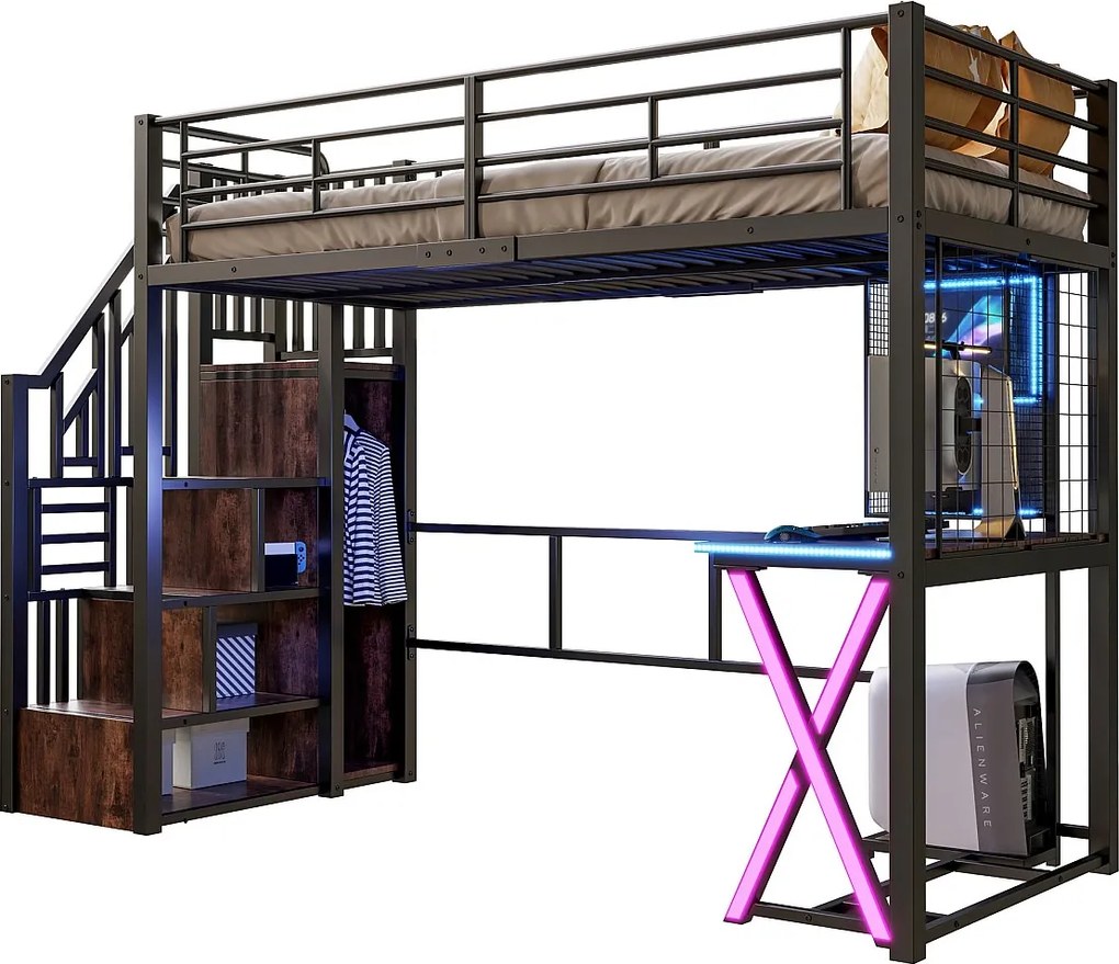 Łóżko piętrowe 90x200cm z oświetleniem LED - biurko + szafa + drabinka - czarne