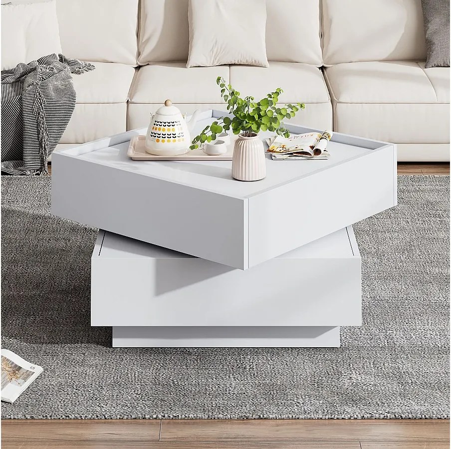 Stolik kawowy kwadratowy z obrotowym blatem 360° - 60 x 60 x 38 cm - Płyta wiórowa - Biały