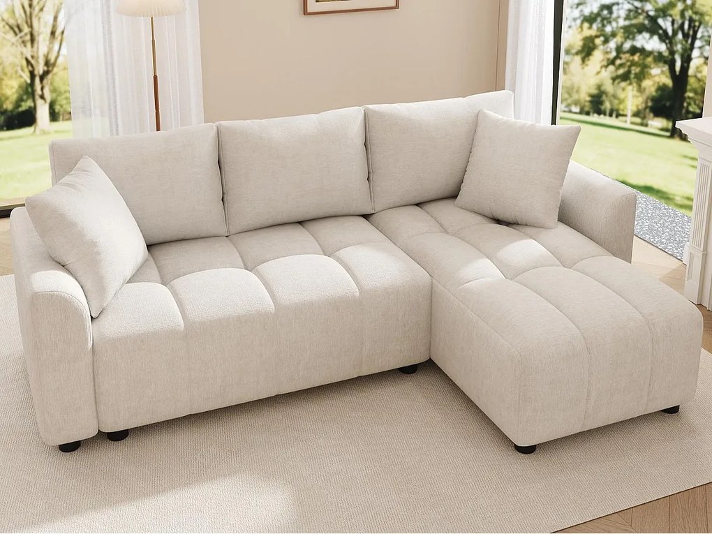Kanapa narożna 3-osobowa w kształcie litery L - Tkanina chenille - z 2 poduszkami - Beżowy