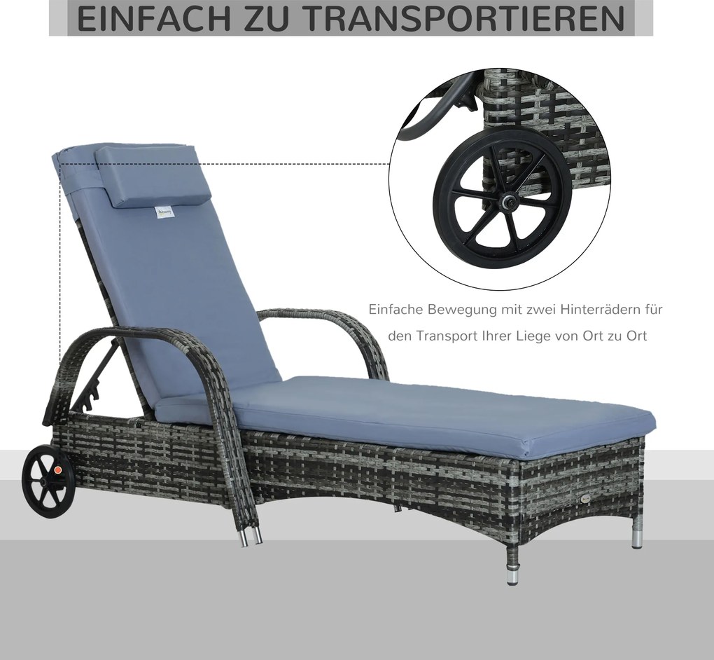 Outsunny leżak ogrodowy, leżak rattanowy, leżak do opalania, rattan polietylenowy+metal, kolor szary, 200x73x30-103cm