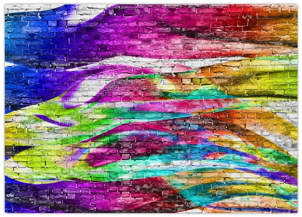Obraz na szkle - Mur z cegły z kolorowymi płomieniami (70x50 cm)