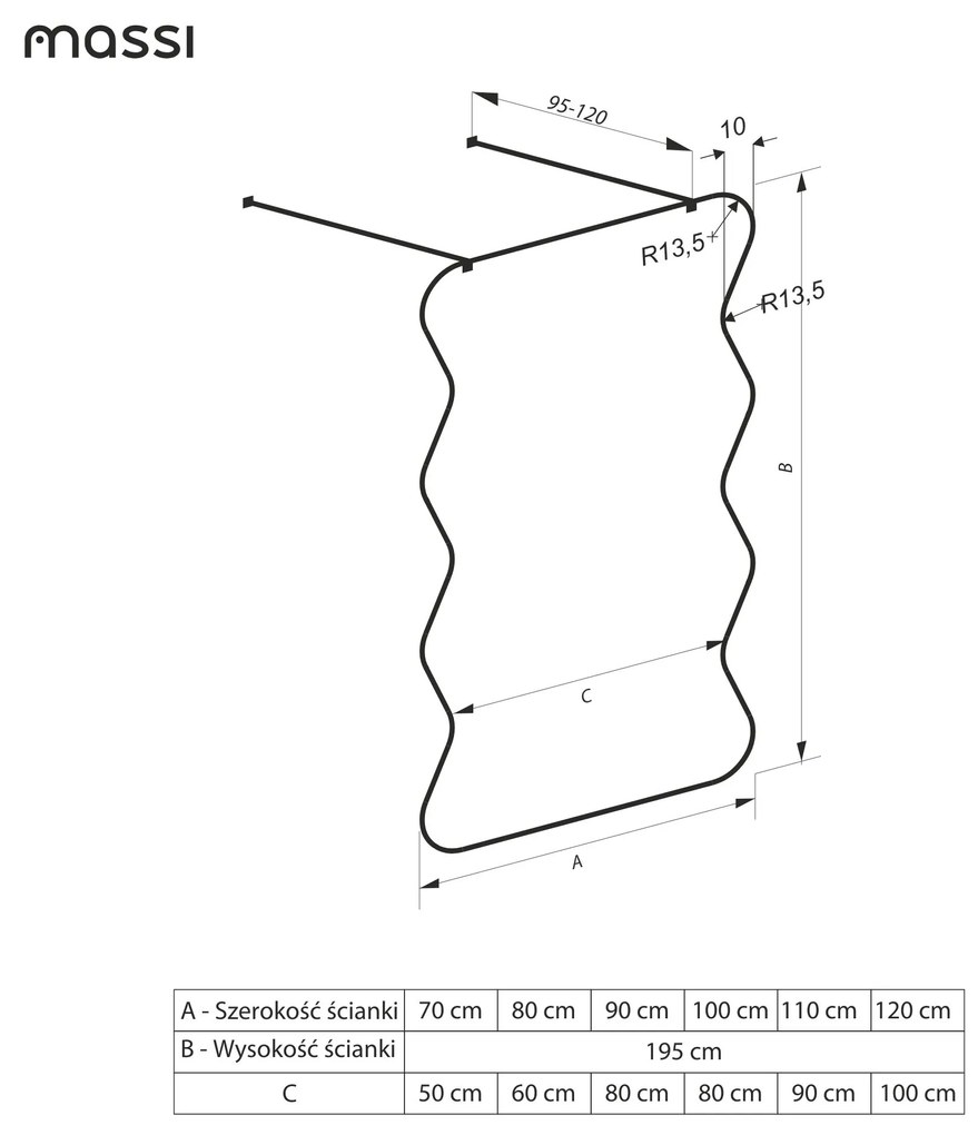 Ścianka prysznicowa Walk in szkło transparentne falowane 8mm MOLIS Wave Duo Clear MASSI | Różne rozmiary : Kolor profili kabiny - czarny, Szerokość ścianki - 70 cm, Typ montażu - WALK IN